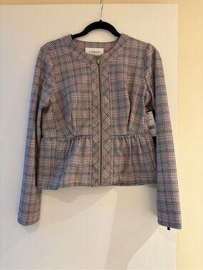 Pink & Gray Plaid Peplum Zip Jacket